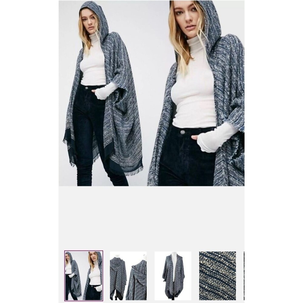 Free People "All I Need" hooded poncho cardigan navy tweed OS Raw Hem Cape Shawl